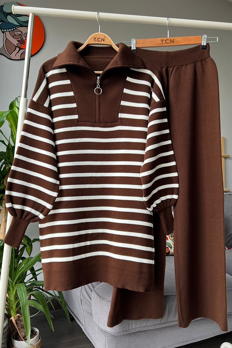 Fermuarlı Alt - Üst Triko Takım Kahverengi - Tek Ebat