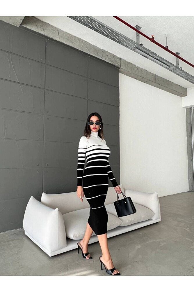 Midi Boy Kontras Çizgi Desenli Triko Elbise