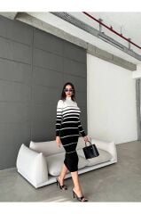 Midi Boy Kontras Çizgi Desenli Triko Elbise