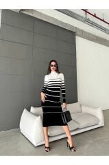 Midi Boy Kontras Çizgi Desenli Triko Elbise