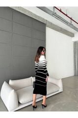 Midi Boy Kontras Çizgi Desenli Triko Elbise