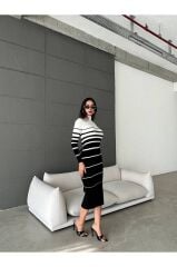 Midi Boy Kontras Çizgi Desenli Triko Elbise