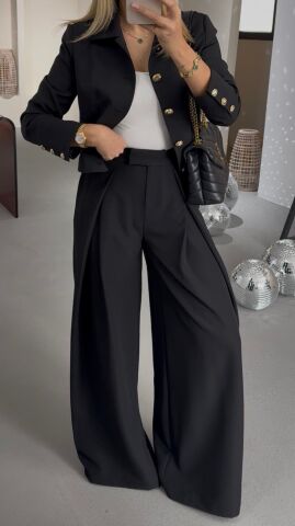 Kadın Siyah Yüksek Bel Dökümlü Palazzo Pantolon