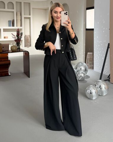 Kadın Siyah Yüksek Bel Dökümlü Palazzo Pantolon