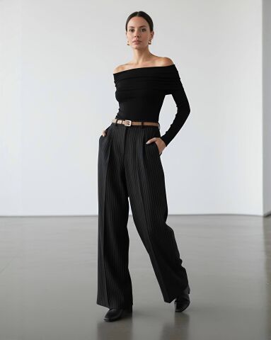 Yüksek Bel Çizgili Geniş Paça Palazzo Pantolon