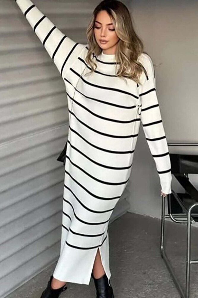 Kadın Yan Yırtmaç Detay Rahat Kalıp Uzun Çizgili Triko Elbise (Renkli)