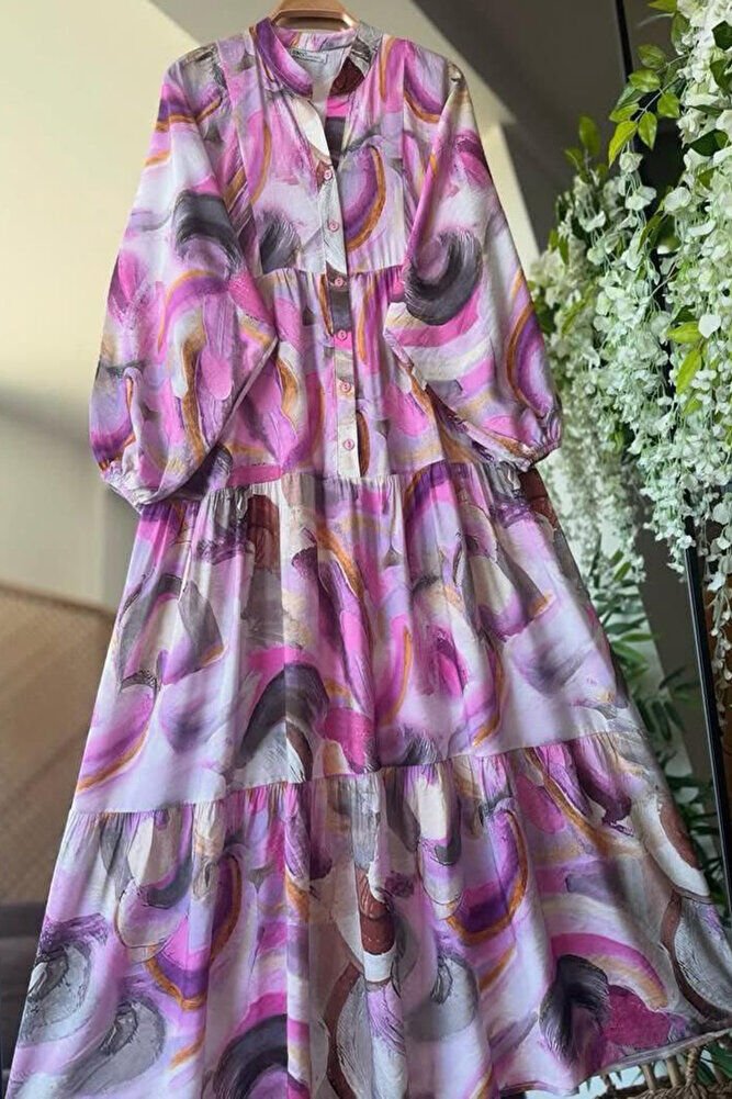 Renkli Yarım Patlı Tam Boy Elbise