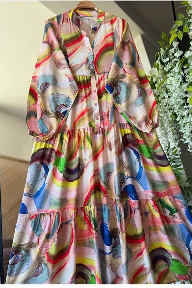 Renkli Yarım Patlı Tam Boy Elbise