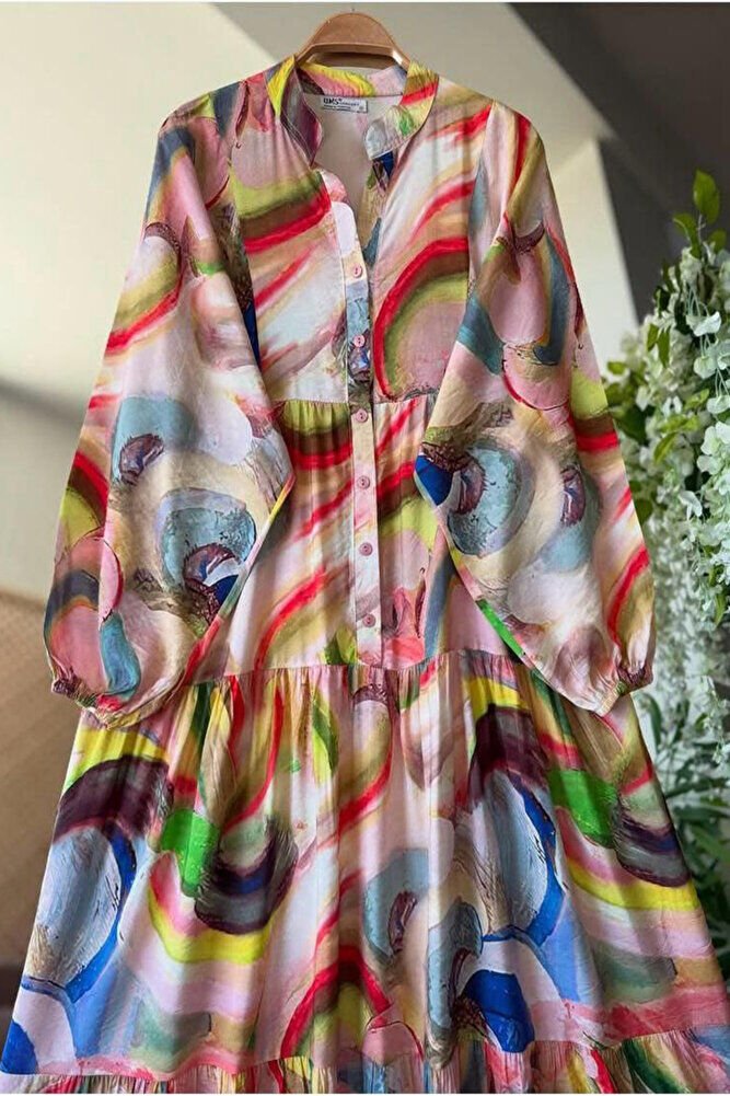 Renkli Yarım Patlı Tam Boy Elbise