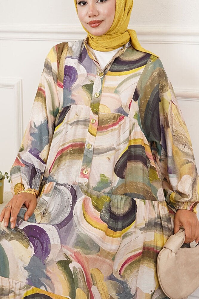 Renkli Yarım Patlı Tam Boy Elbise