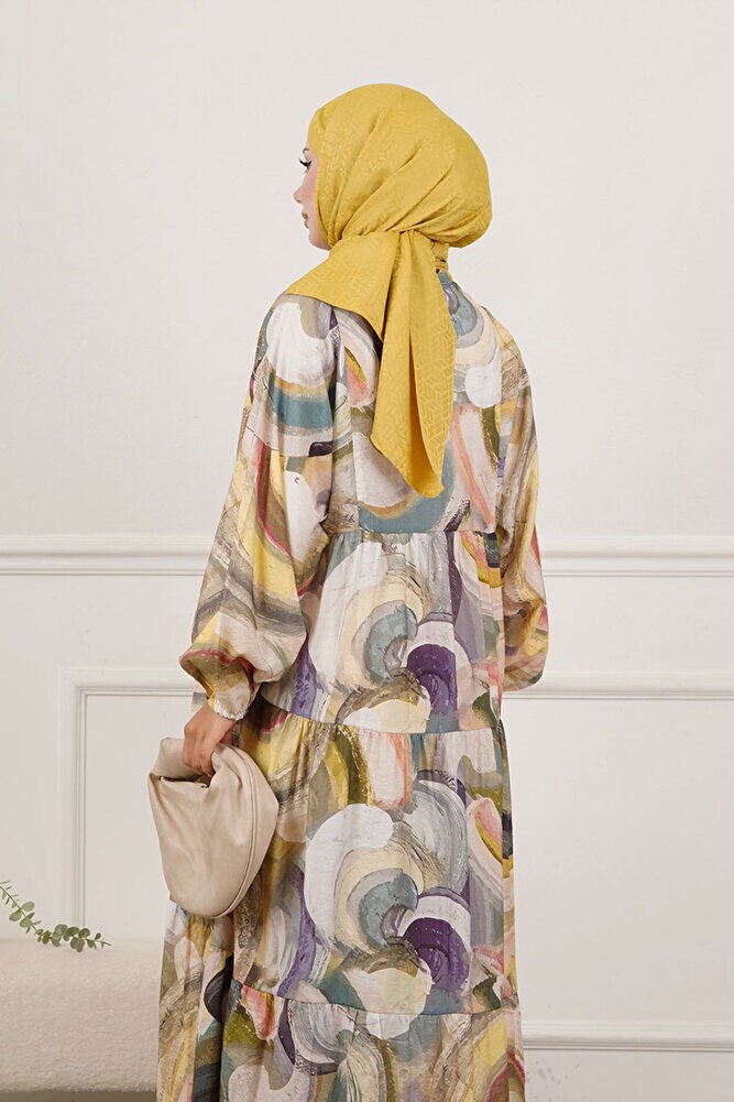 Renkli Yarım Patlı Tam Boy Elbise