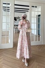 Patlı Yarım Düğmeli Çiçek Desen Elbise