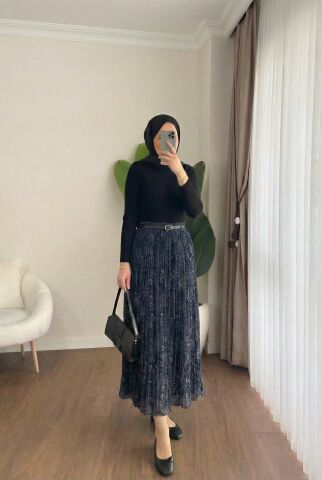 Beli Kemerli Şal Desenli Piliseli Etek