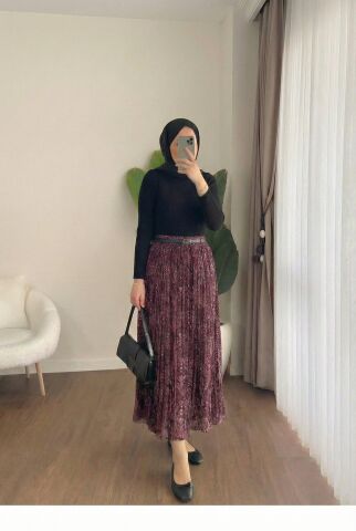 Beli Kemerli Şal Desenli Piliseli Etek