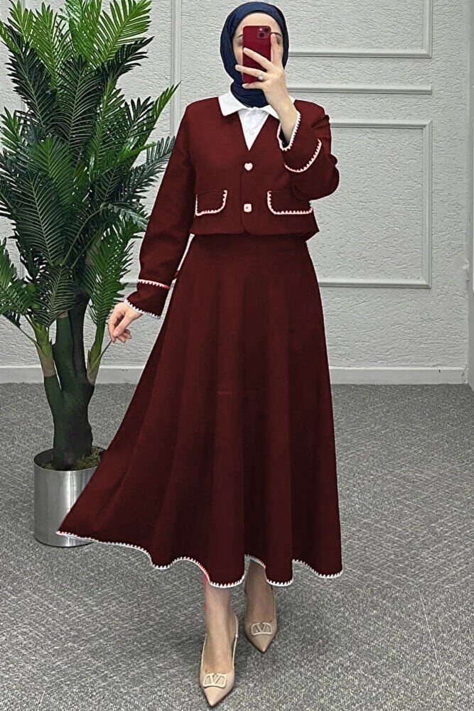 İşleme Detaylı Etekli Takım Bordo
