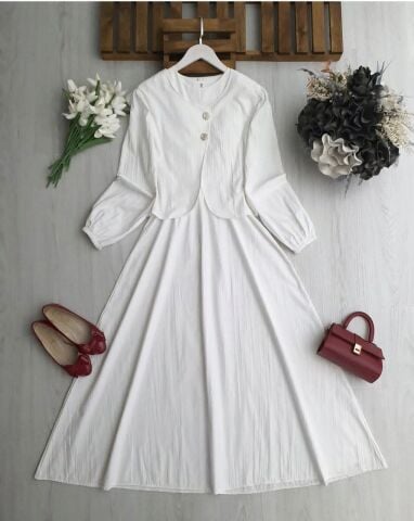 Bel Lastikli Sıfır Kol Elbise ve Asimetrik Bolero Takım