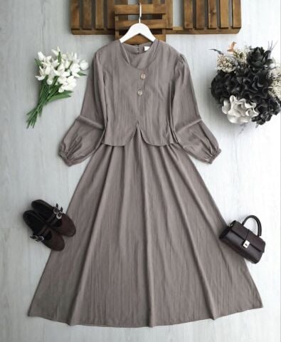 Bel Lastikli Sıfır Kol Elbise ve Asimetrik Bolero Takım