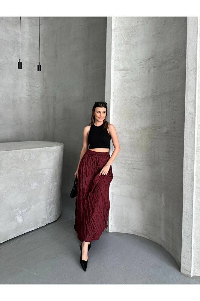 Piliseli Mikro Saten Kırışık Model Maxi Boy Etek