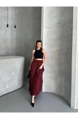 Piliseli Mikro Saten Kırışık Model Maxi Boy Etek