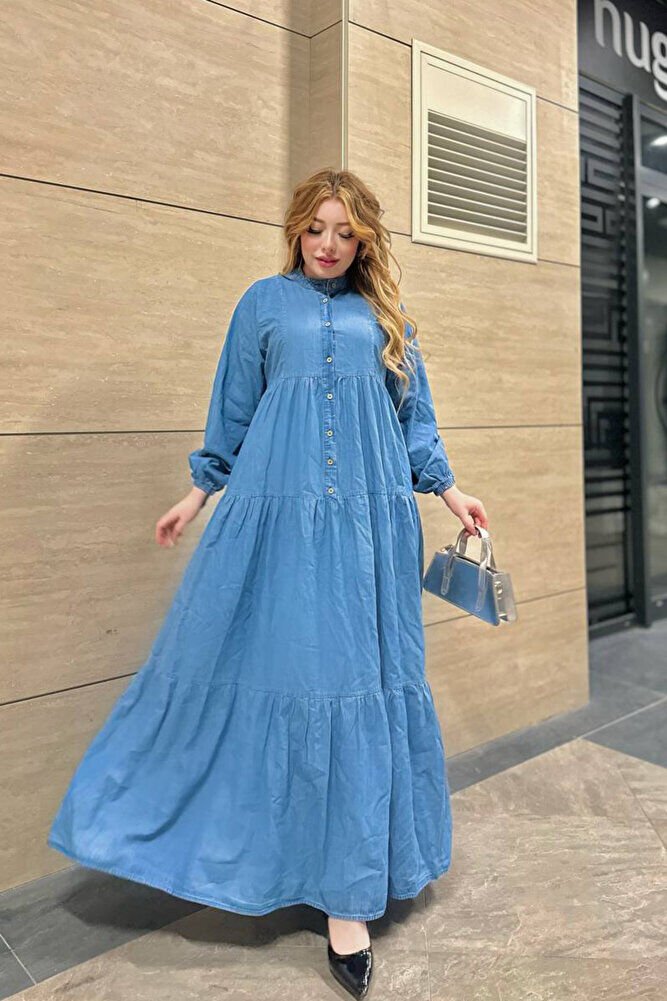 Tam Boy Tansel Kumaş Mavi Kot Elbise