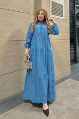 Tam Boy Tansel Kumaş Mavi Kot Elbise