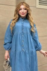 Tam Boy Tansel Kumaş Mavi Kot Elbise