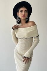 Madonna Yaka Kadın Triko Midi Elbise Ekru