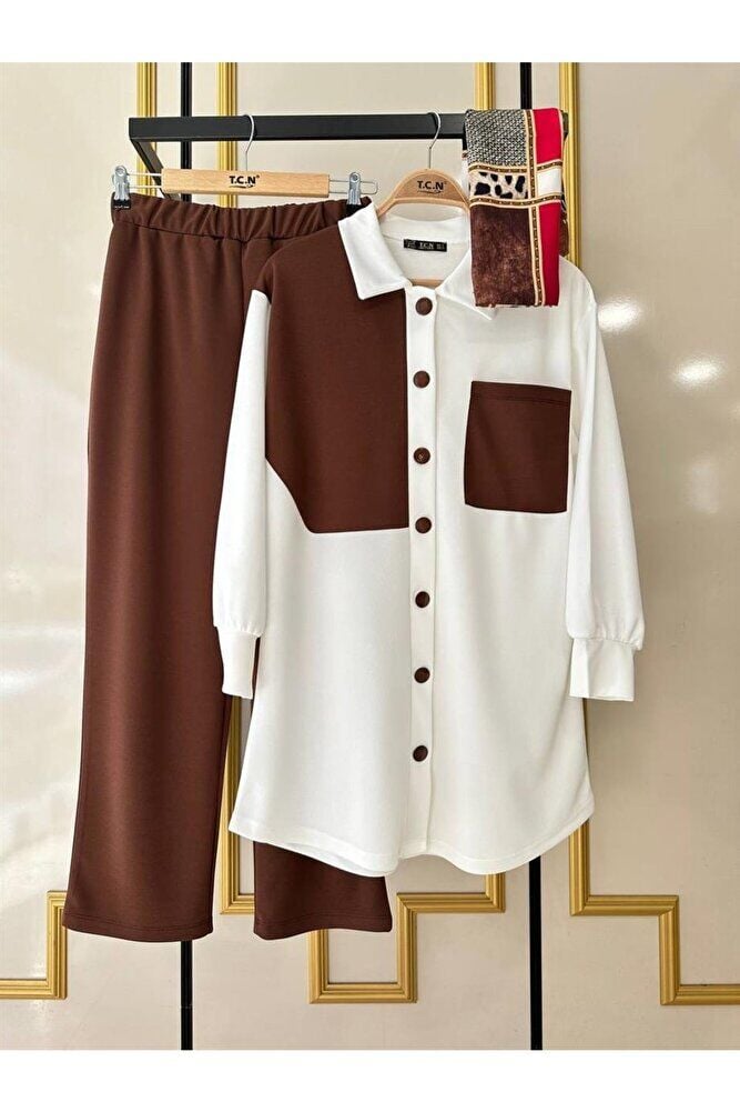 Kadın Bölük Renkli Boydan Düğmeli Alt Üst Takım