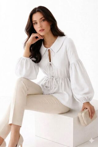 Zarif Bebe Yaka Bağcık Detaylı Balon Kol Peplum Bluz