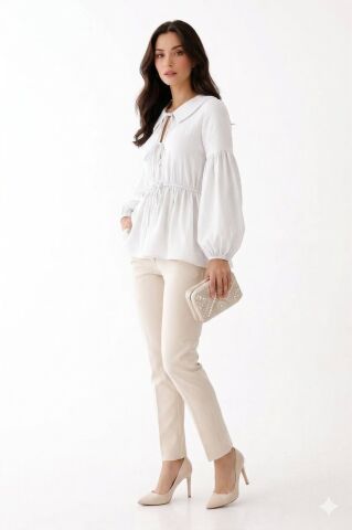 Zarif Bebe Yaka Bağcık Detaylı Balon Kol Peplum Bluz