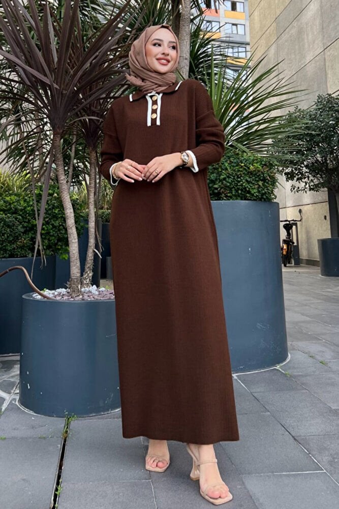 Polo Yaka Düğmeli Triko Elbise Kahverengi