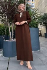 Polo Yaka Düğmeli Triko Elbise Kahverengi