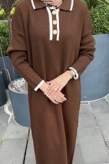 Polo Yaka Düğmeli Triko Elbise Kahverengi