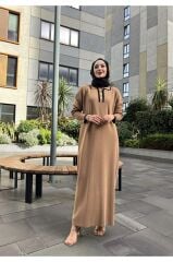 Polo Yaka Düğmeli Triko Elbise Kahverengi