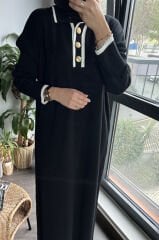 Polo Yaka Düğmeli Triko Elbise Kahverengi