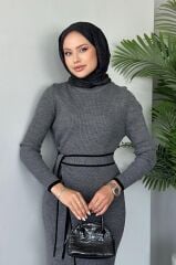 Belden Bağlamalı Triko Elbise Gri