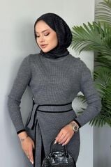 Belden Bağlamalı Triko Elbise Gri