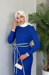 Belden Bağlamalı Triko Elbise Gri