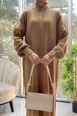 Fermuarlı Fitilli Triko Elbise