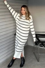 Bisiklet Yaka Çizgili Yırtmaçlı Uzun Kol Triko Elbise Beyaz