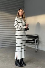 Bisiklet Yaka Çizgili Yırtmaçlı Uzun Kol Triko Elbise Beyaz