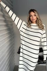 Bisiklet Yaka Çizgili Yırtmaçlı Uzun Kol Triko Elbise Beyaz