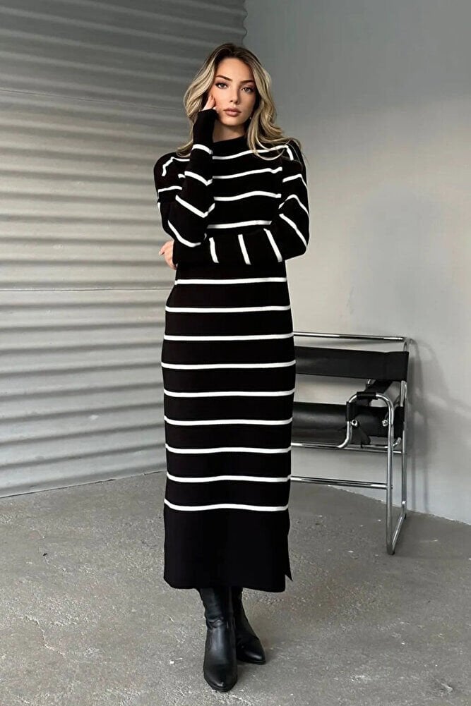 Bisiklet Yaka Çizgili Yırtmaçlı Uzun Kol Triko Elbise Beyaz