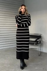 Bisiklet Yaka Çizgili Yırtmaçlı Uzun Kol Triko Elbise Beyaz