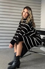 Bisiklet Yaka Çizgili Yırtmaçlı Uzun Kol Triko Elbise Beyaz