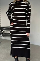 Bisiklet Yaka Çizgili Yırtmaçlı Uzun Kol Triko Elbise Beyaz