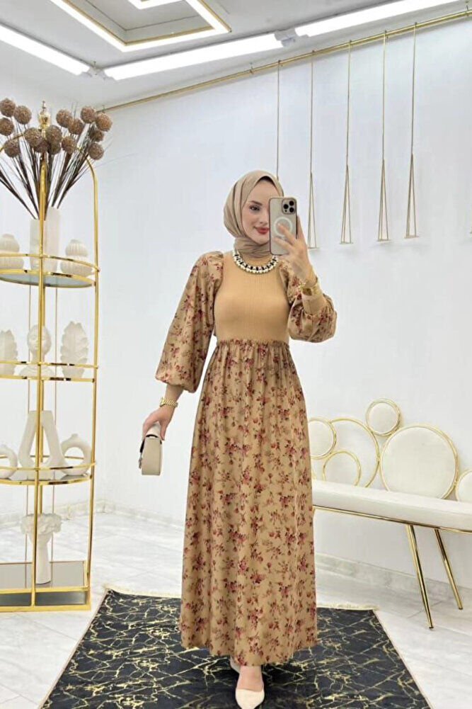 Çiçek Baskılı Scuba Suet Elbise Bej