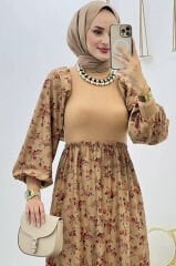 Çiçek Baskılı Scuba Suet Elbise Bej