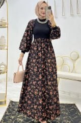 Çiçek Baskılı Scuba Suet Elbise Bej