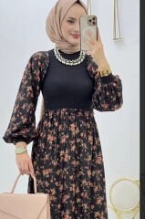 Çiçek Baskılı Scuba Suet Elbise Bej